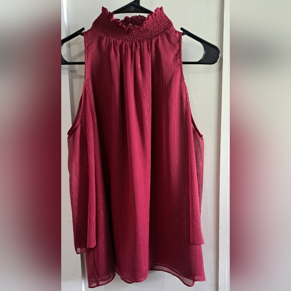 Rachel Zoe burgundy metallic cold shoulder blouse S - Picture 3 of 15